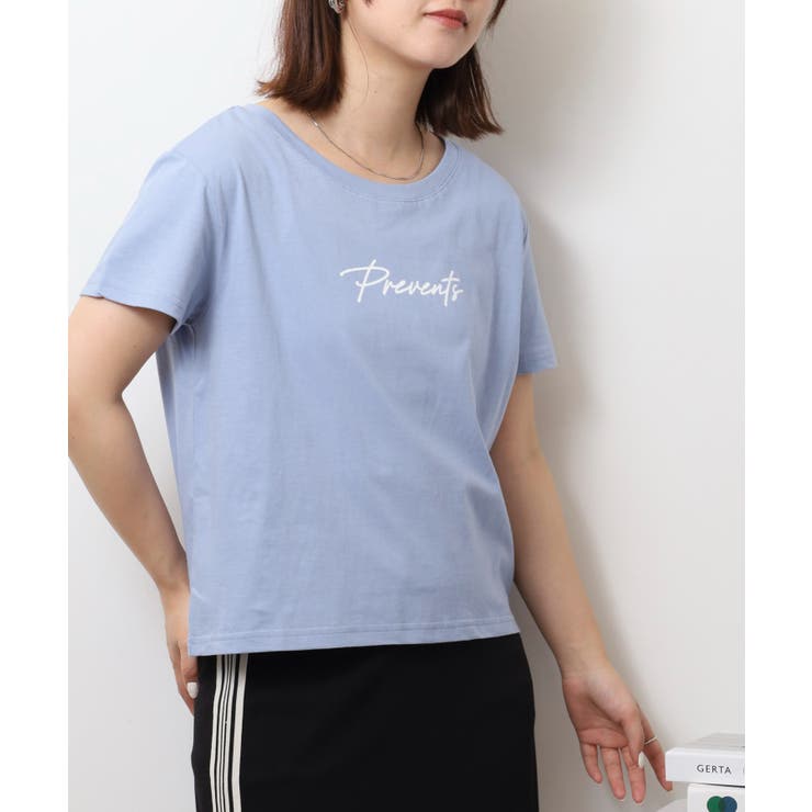 ブルー1 | オーバーサイズシルエットショート丈ロゴプリントTシャツ | atONE