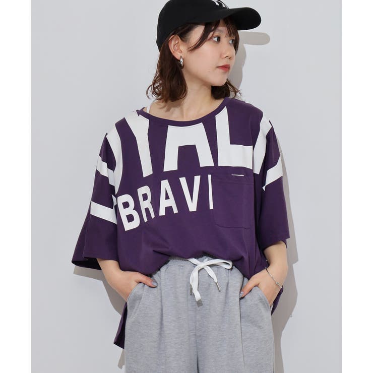 パープル | BIGロゴプリントポケット付きドルマンTシャツ | atONE