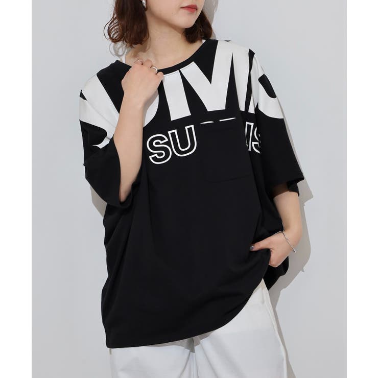 ブラック | BIGロゴプリントポケット付きドルマンTシャツ | atONE