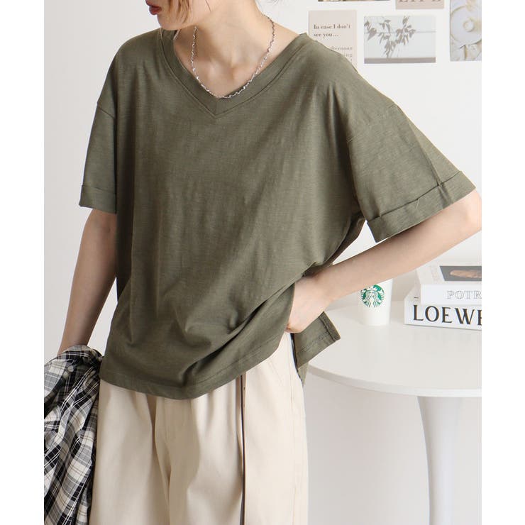 カーキ | オーバーサイズVネックTee | atONE