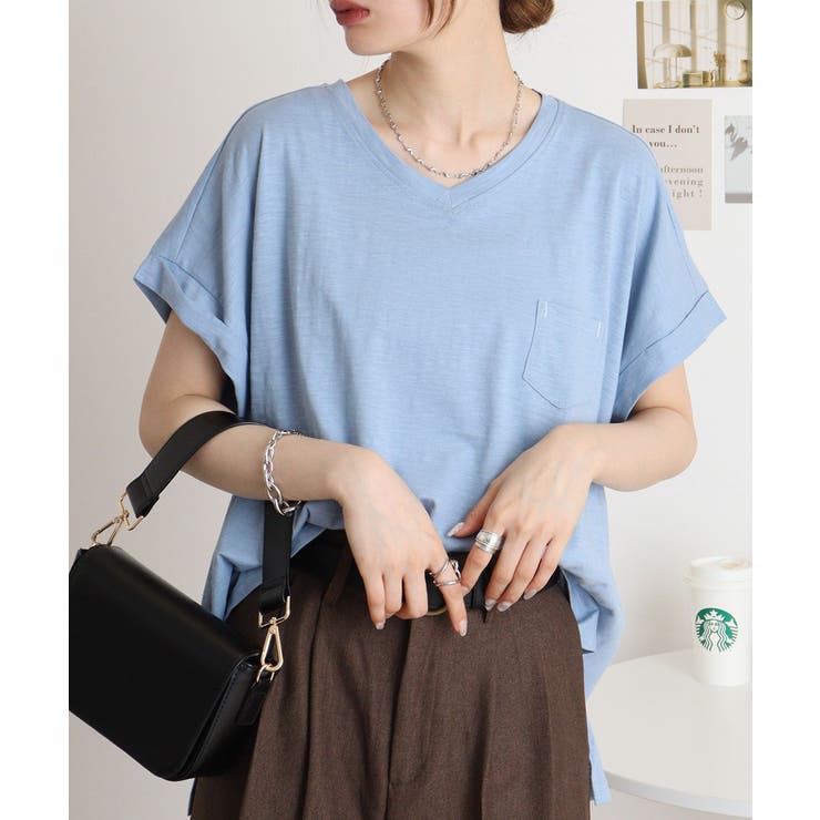 スモーキーブルー | オーバーサイズポケット付きVネックTee | atONE