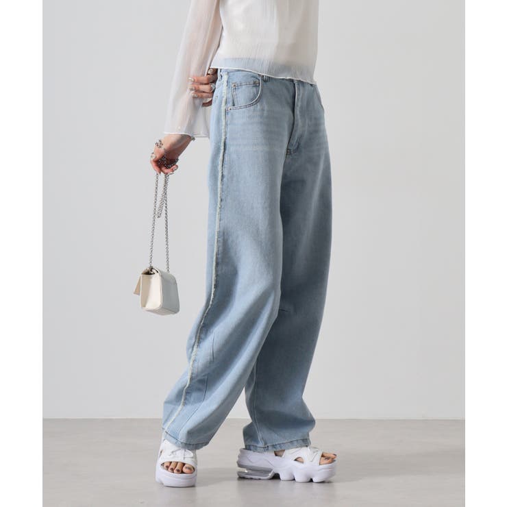 ライトブルー | デニムサイドフリンジカーブパンツ | atONE