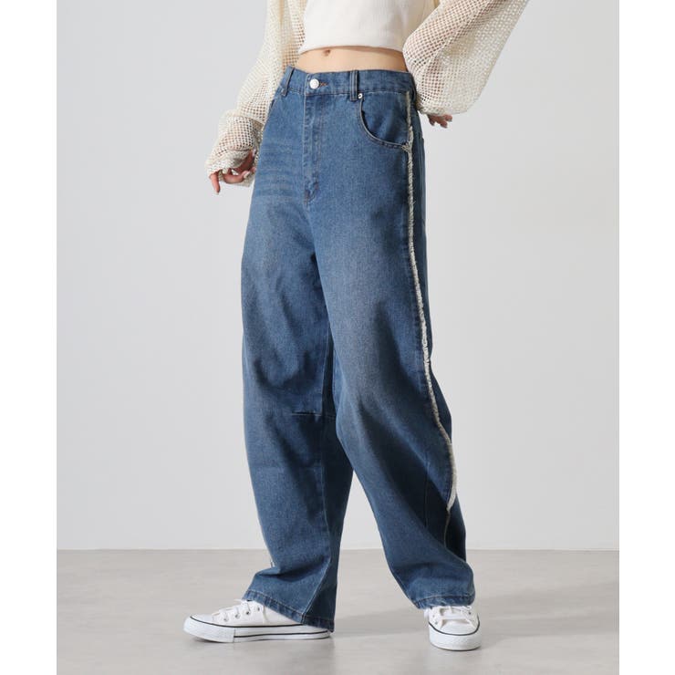 ブルー | デニムサイドフリンジカーブパンツ | atONE