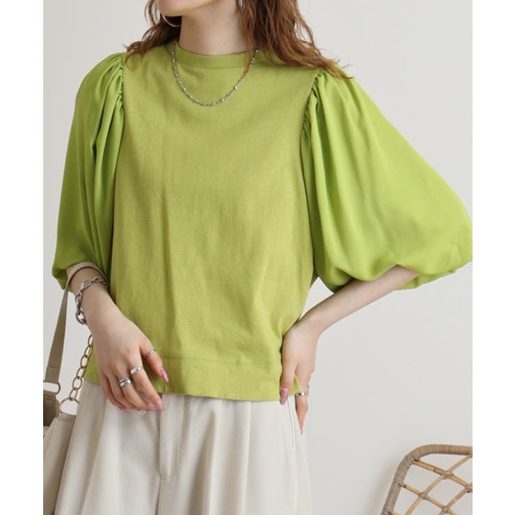 LIGHT GREEN | 袖口ボリューム布帛切替プルオーバー | atONE