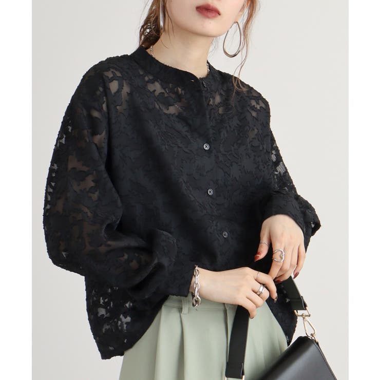 ブラック | シアージャガードスタンドカラーブラウス | atONE