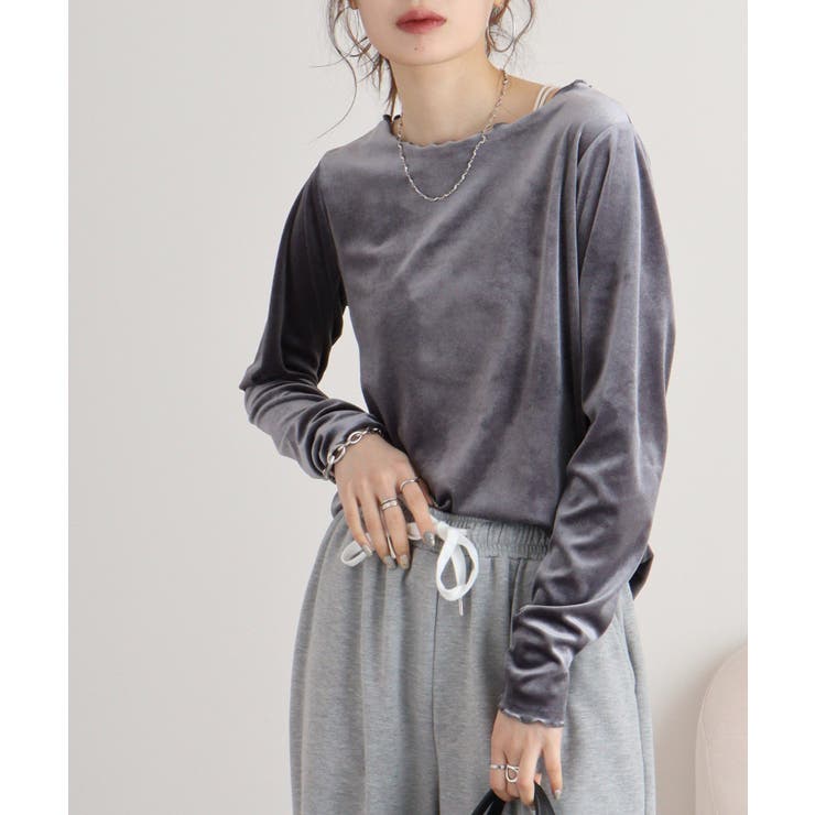 グレー | カットベロアメロークルーネックロンT | atONE