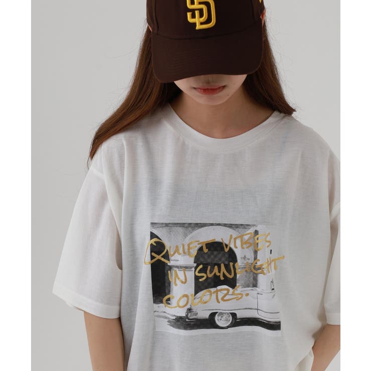 オフホワイト×ゴールド | 接触冷感 箔×ヴィンテージカーフォトプリント カノコ Tシャツ | atONE