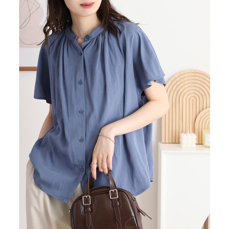 ブルー | RNクールタッチ接触冷感フレアギャザーブラウス | atONE