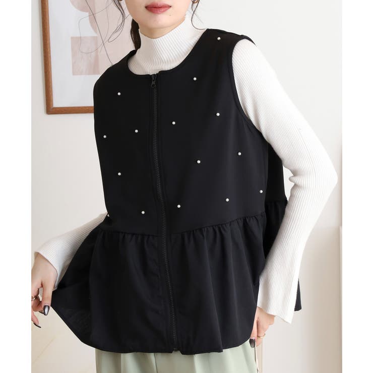 ブラック | ダンボールニット×布帛切替パール付きZIPベスト | atONE