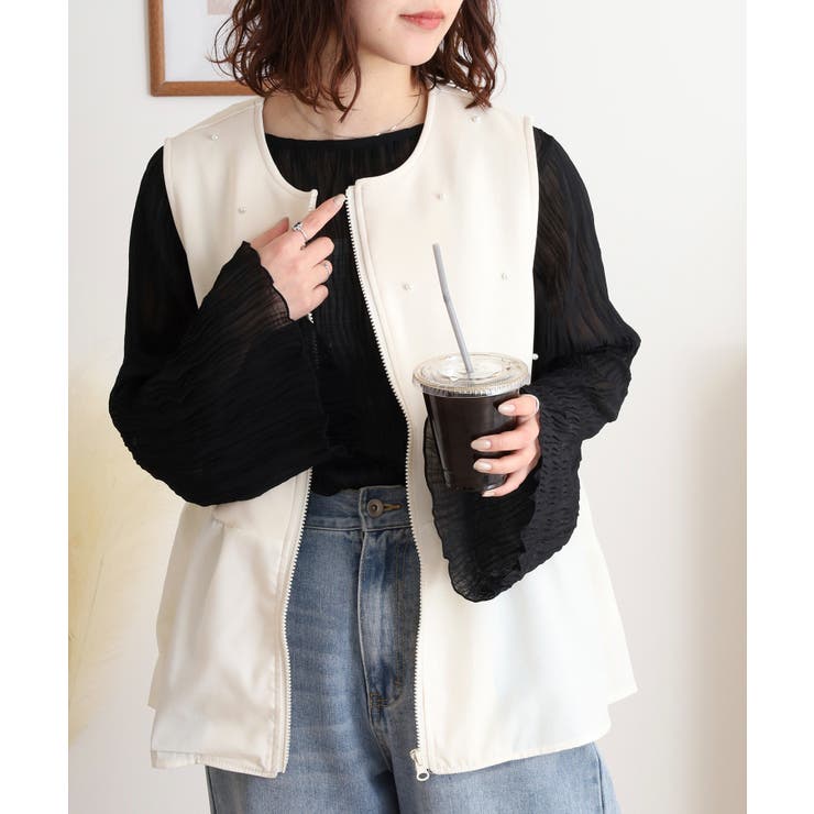 ダンボールニット×布帛切替パール付きZIPベスト | atONE | 詳細画像11 