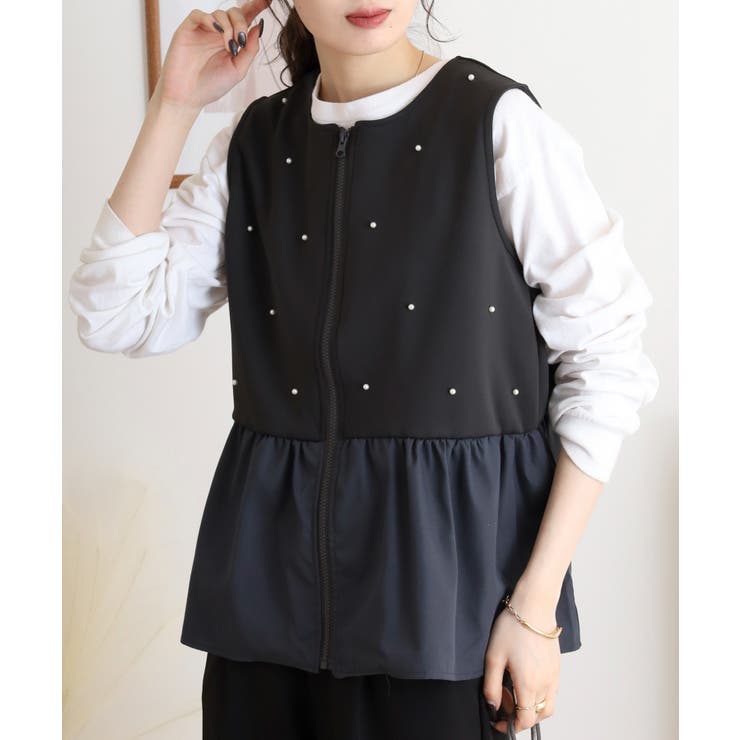 ダンボールニット×布帛切替パール付きZIPベスト | atONE | 詳細画像13 