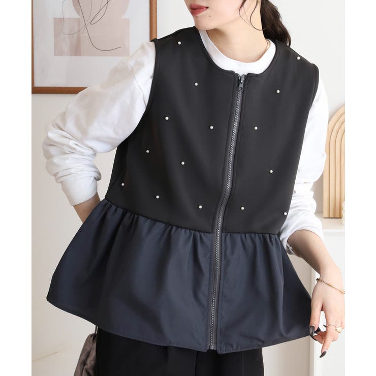 ダンボールニット×布帛切替パール付きZIPベスト | atONE | 詳細画像15 