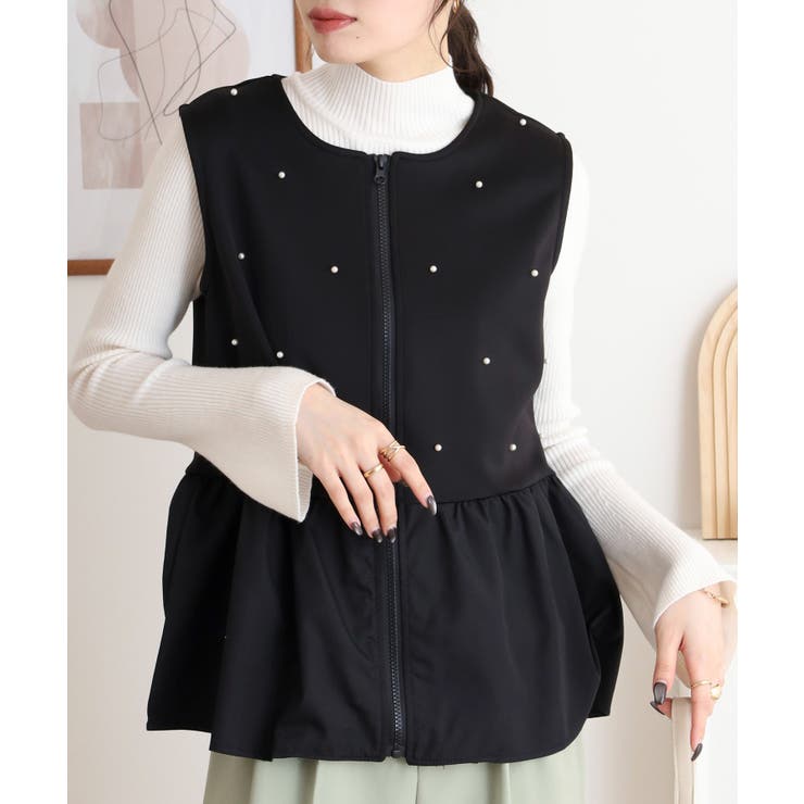 ダンボールニット×布帛切替パール付きZIPベスト | atONE | 詳細画像1 