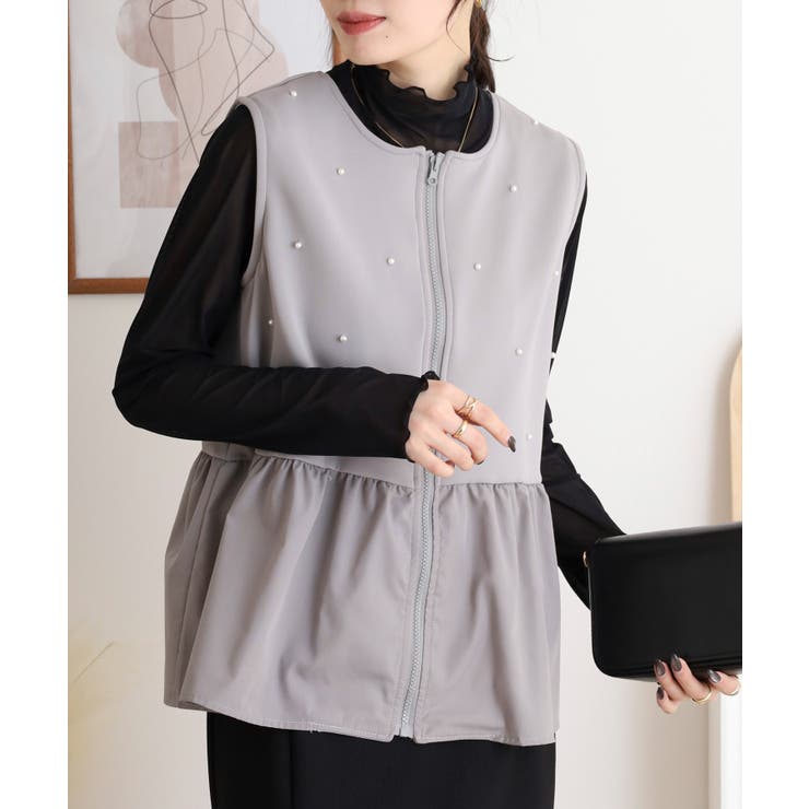 ダンボールニット×布帛切替パール付きZIPベスト | atONE | 詳細画像5 