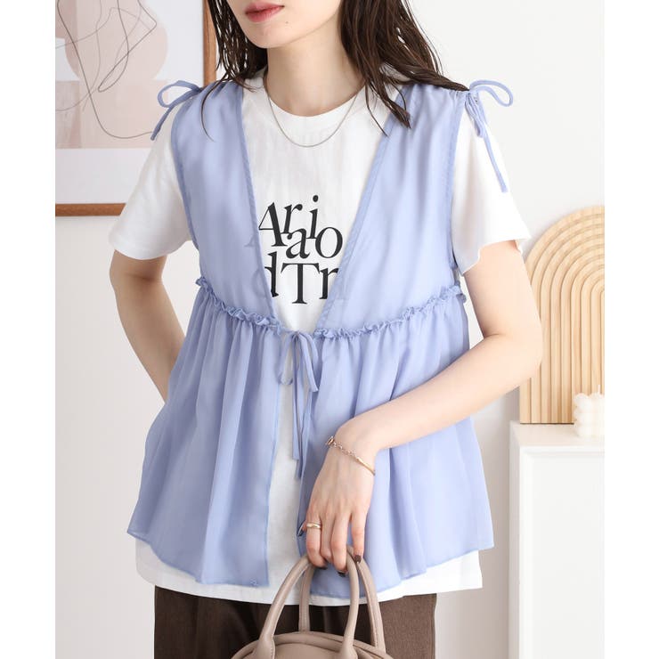 ブルーグレー | シフォンベスト＋天竺AラインシルエットTシャツアンサンブル | atONE