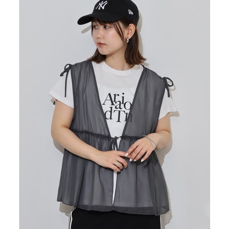 チャコール | シフォンベスト＋天竺AラインシルエットTシャツアンサンブル | atONE