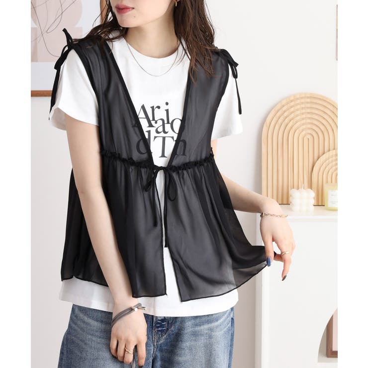 ブラック | シフォンベスト＋天竺AラインシルエットTシャツアンサンブル | atONE