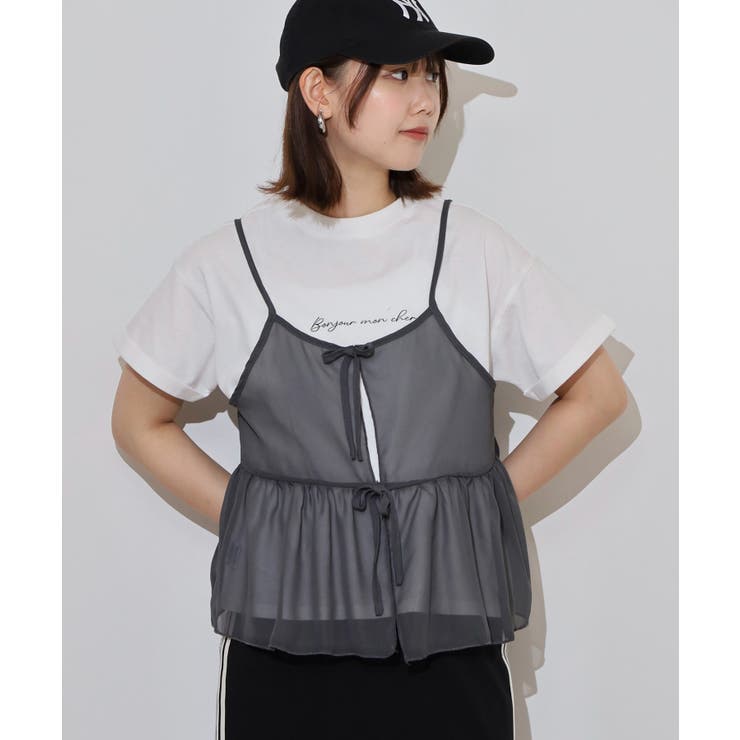 チャコール | シフォンビスチェキャミ＋天竺ロゴプリントTシャツアンサンブル | atONE