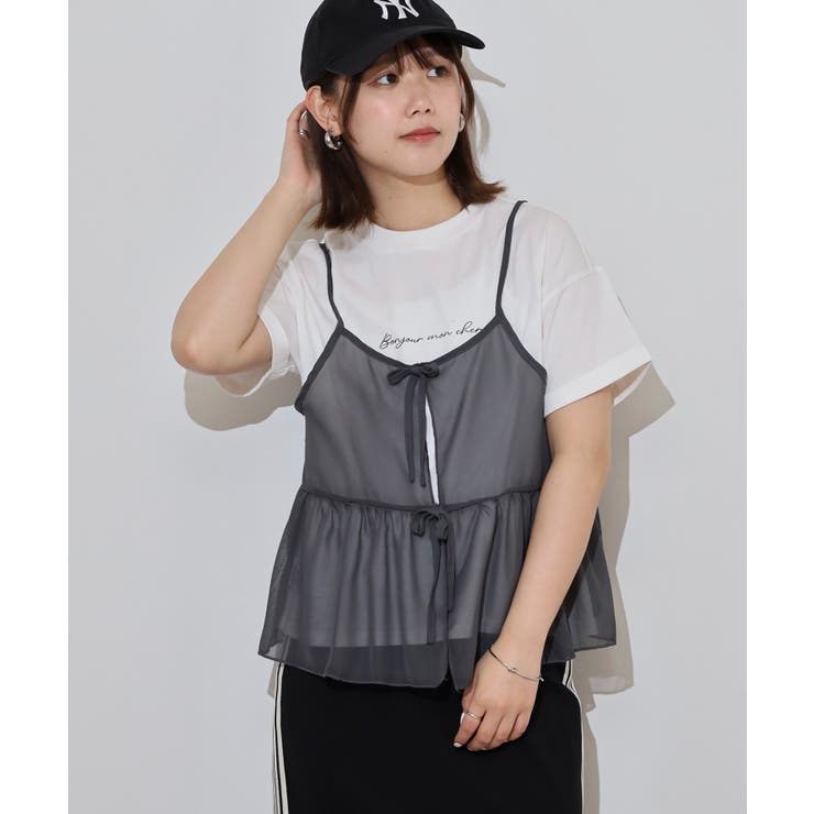 シフォンビスチェキャミ＋天竺ロゴプリントTシャツアンサンブル | atONE | 詳細画像10 