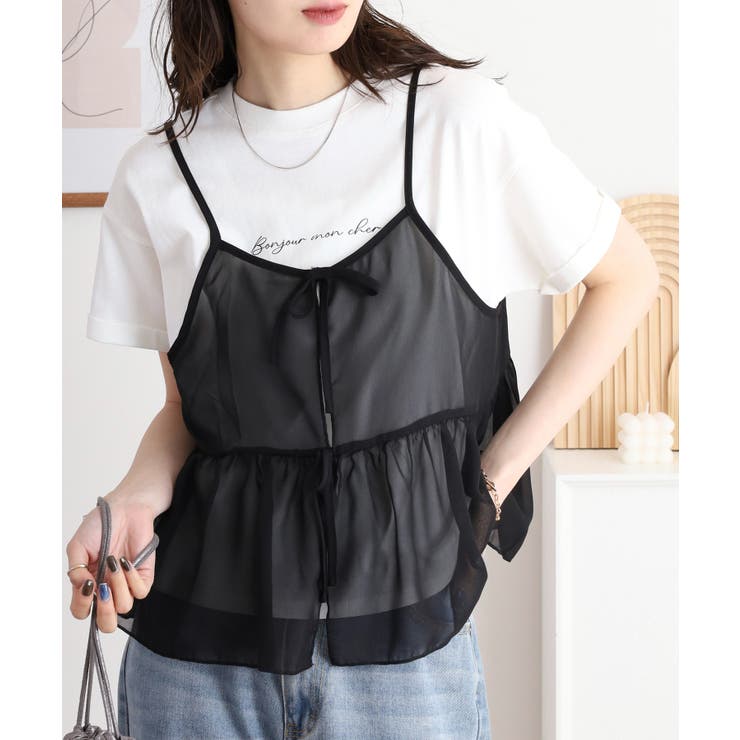 シフォンビスチェキャミ＋天竺ロゴプリントTシャツアンサンブル | atONE | 詳細画像2 