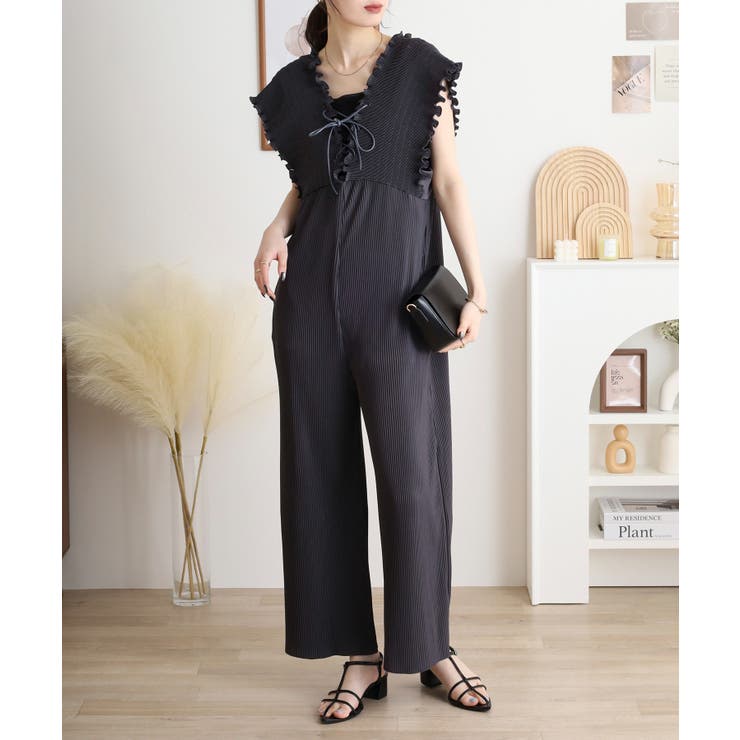 胸元レースアップギャザーオールインワン | atONE | 詳細画像7 