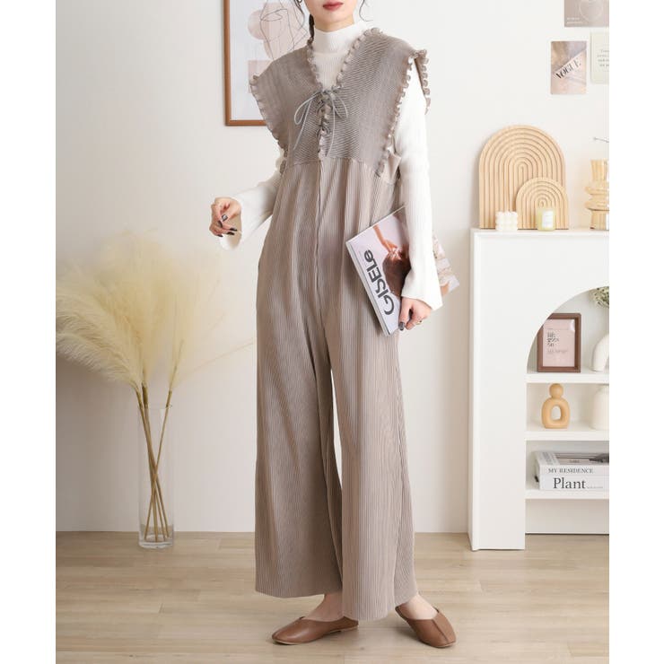 胸元レースアップギャザーオールインワン | atONE | 詳細画像4 