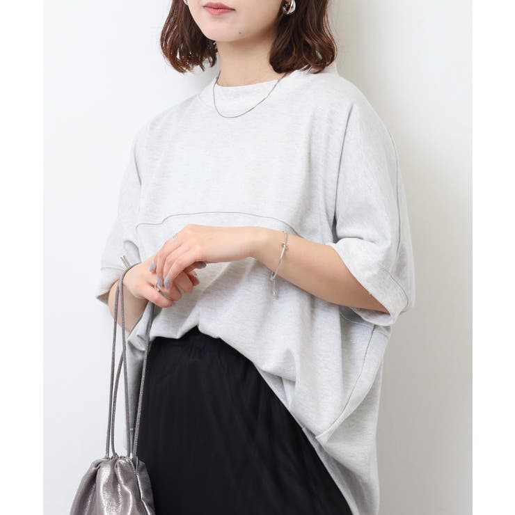 オートミール | ラメ混裏毛デザインハーフスリーブプルオーバートップス | atONE