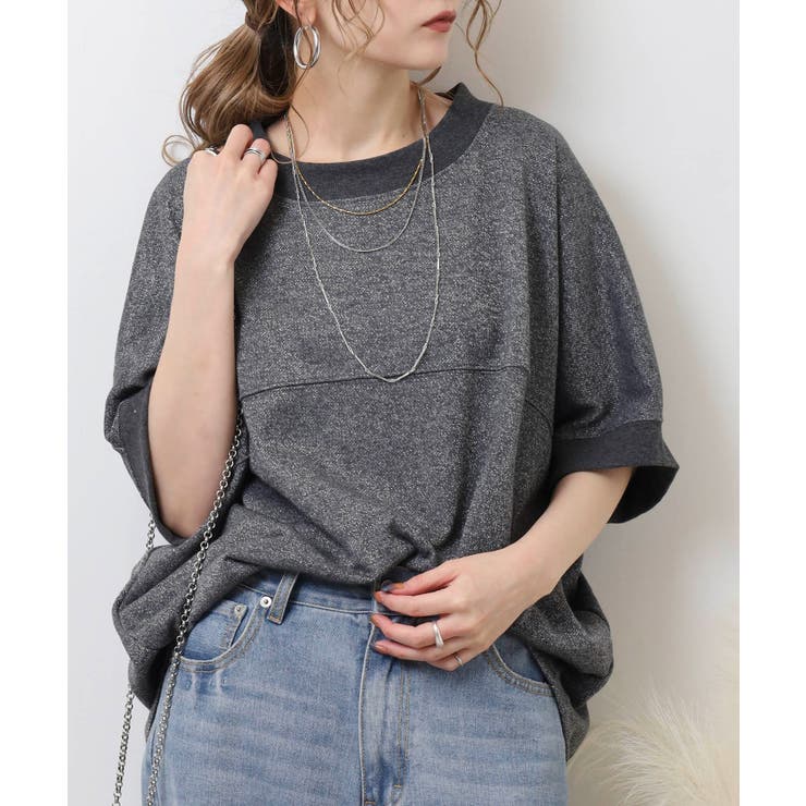 チャコール | ラメ混裏毛デザインハーフスリーブプルオーバートップス | atONE