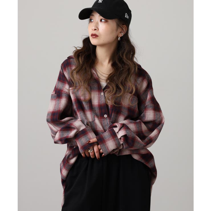 ボルドー | ビエラチェックロングシャツ | atONE