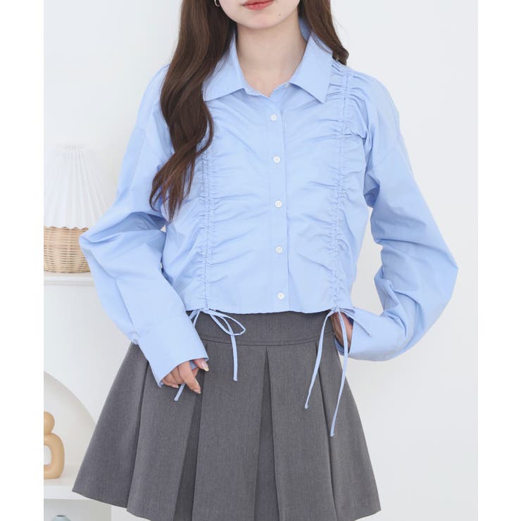 サックス | ショート丈 フロントシャーリング シャツ | atONE