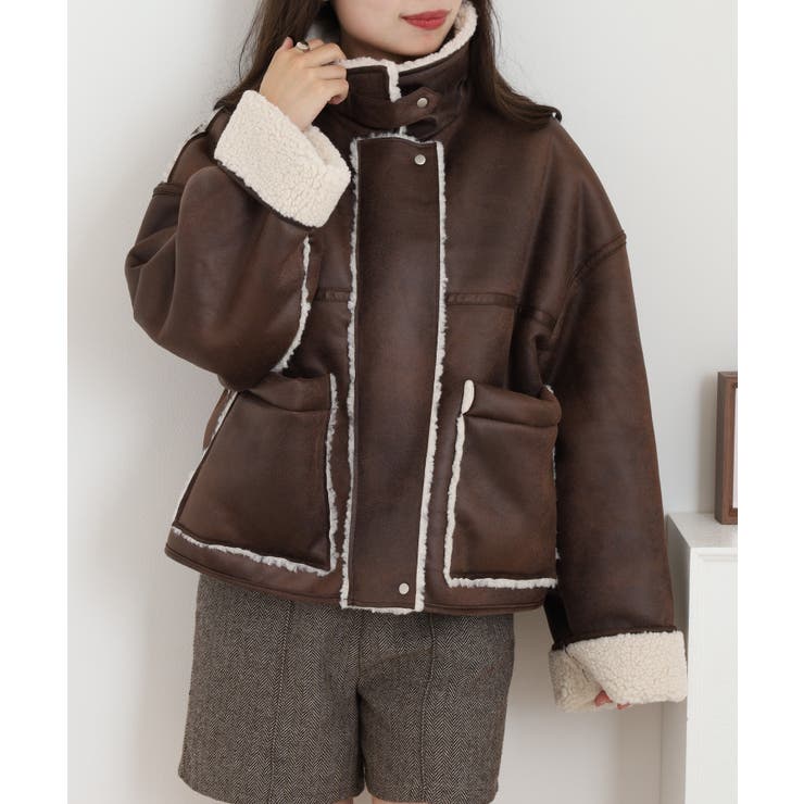 ブラウン | フェイクムートンボンディング裏ボアジャケットブルゾン | atONE