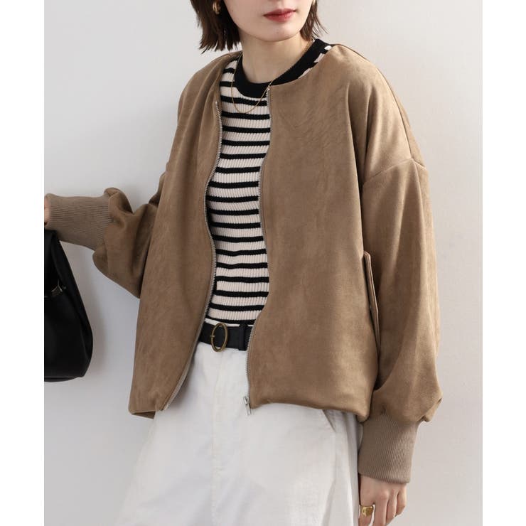 ベージュ | スエードポンチ裾バルーンリブブルゾン | atONE