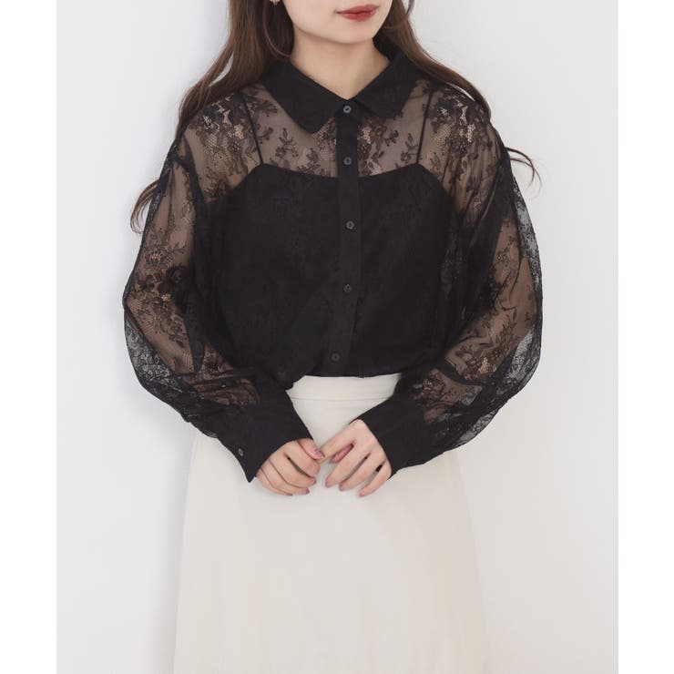 ブラック | ひげレースボリュームスリーブシャツ | atONE