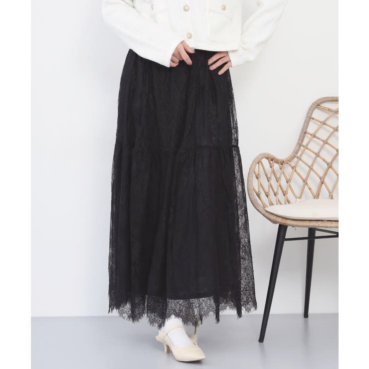ブラック | ひげレース切替ロング丈スカート | atONE