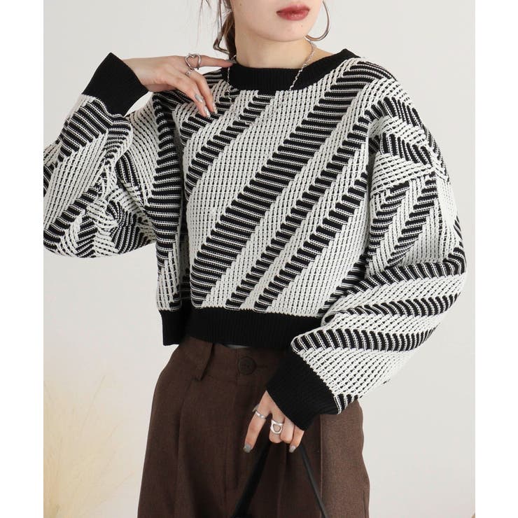 柄ニットショートプルオーバー | atONE | 詳細画像1 