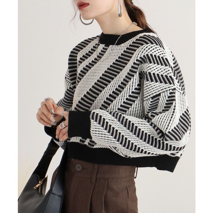 柄ニットショートプルオーバー | atONE | 詳細画像2 