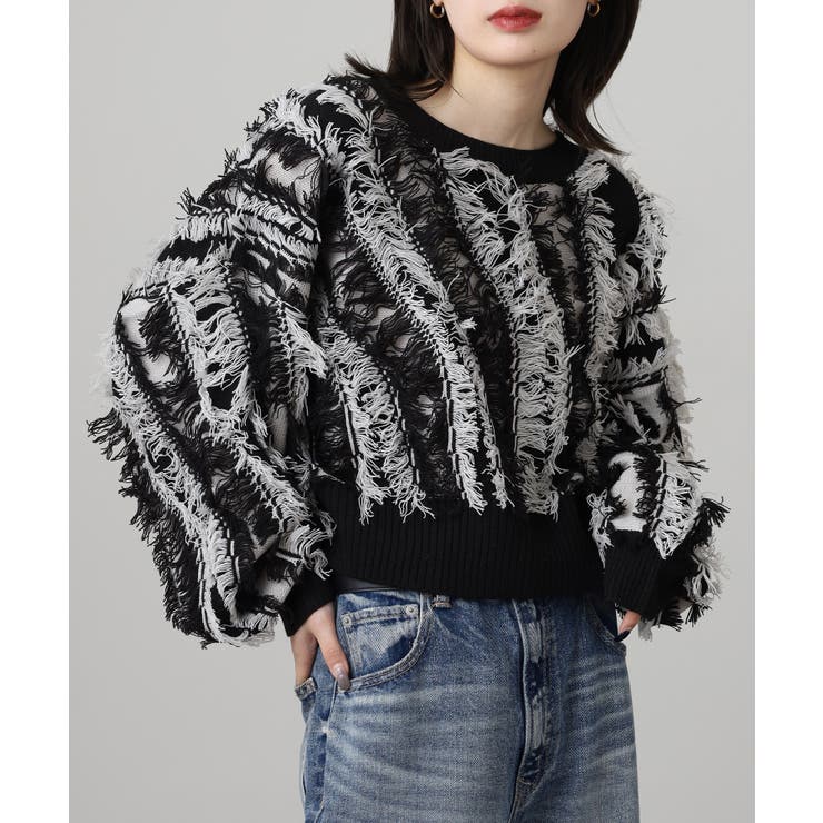 ブラック | モヘアタッチ フリンジジャガード ニット プルオーバー | atONE