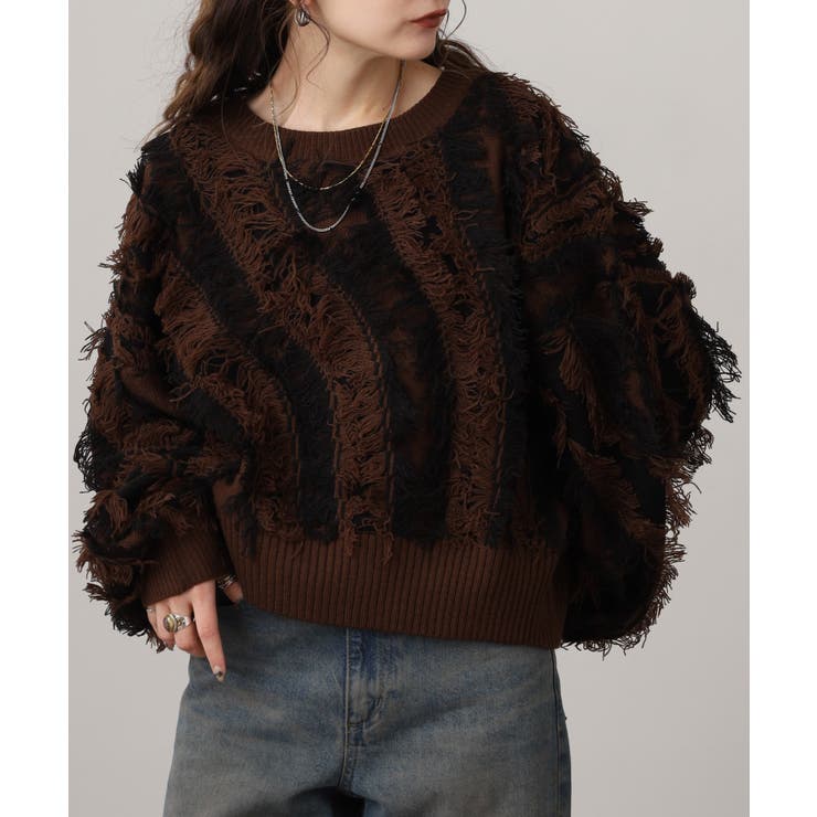 モヘアタッチ フリンジジャガード ニット プルオーバー | atONE | 詳細画像11 