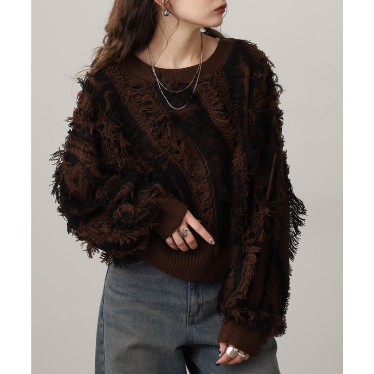 モヘアタッチ フリンジジャガード ニット プルオーバー | atONE | 詳細画像13 