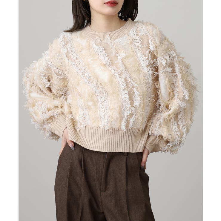 ベージュ | モヘアタッチ フリンジジャガード ニット プルオーバー | atONE