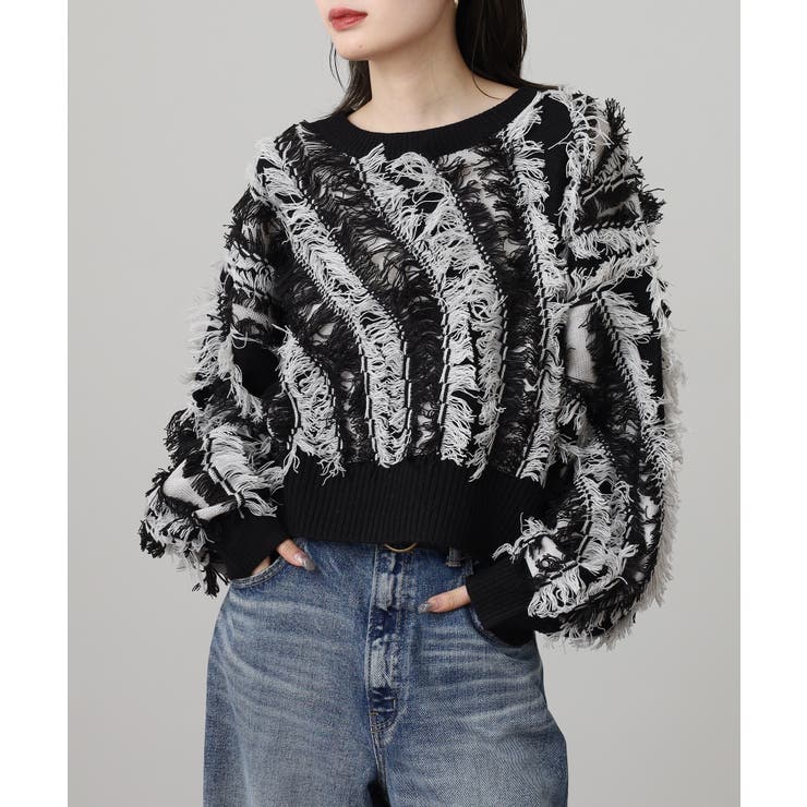 モヘアタッチ フリンジジャガード ニット プルオーバー | atONE | 詳細画像1 