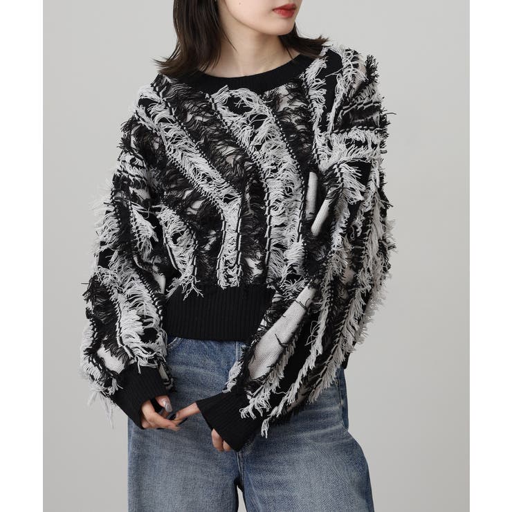 モヘアタッチ フリンジジャガード ニット プルオーバー | atONE | 詳細画像3 