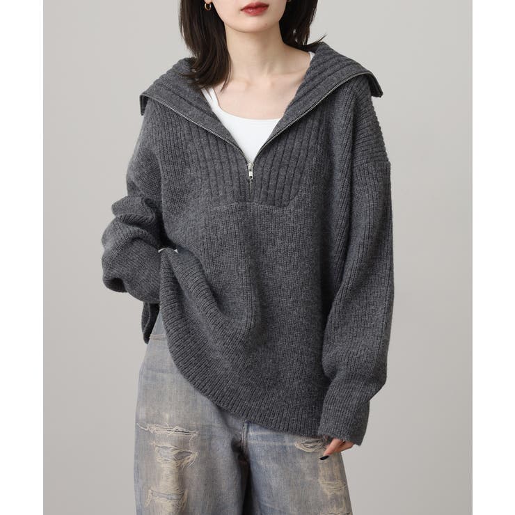 チャコールグレー | ビッグカラー風 ハーフZIP プルオーバーもっちり ニット トップス | atONE