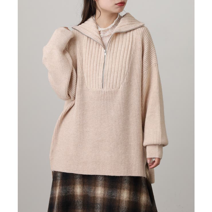 ベージュ | ビッグカラー風 ハーフZIP プルオーバーもっちり ニット トップス | atONE