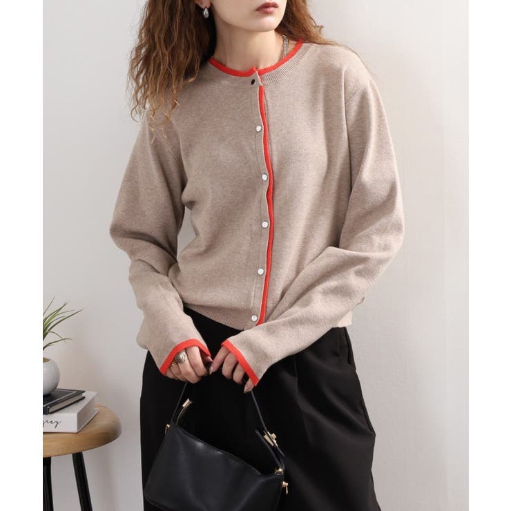 杢ベージュ×オレンジ | レイヤード風配色ニットカーディガン | atONE