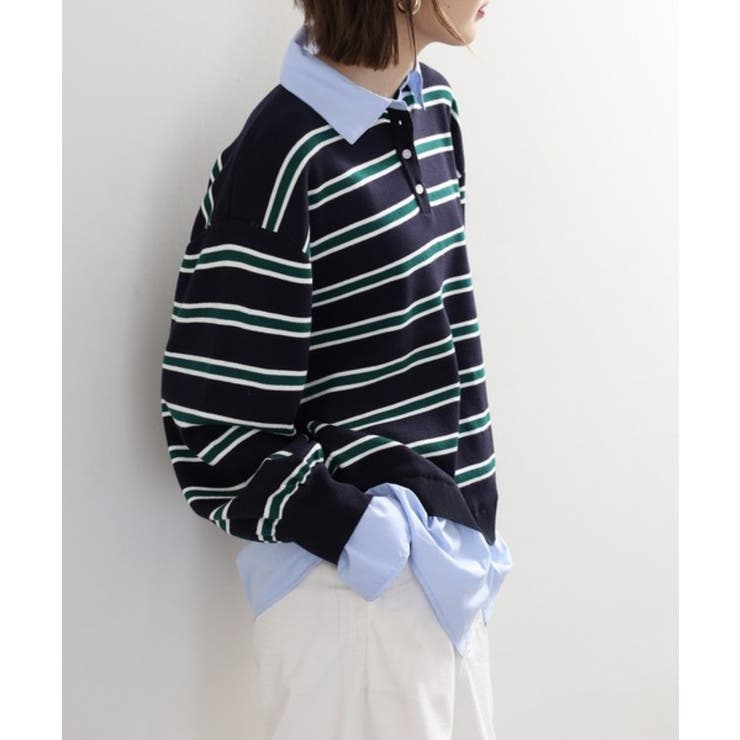 ネイビー×サックス | シャツドッキングレイヤード風ランダムボーダーニットプルオーバー | atONE