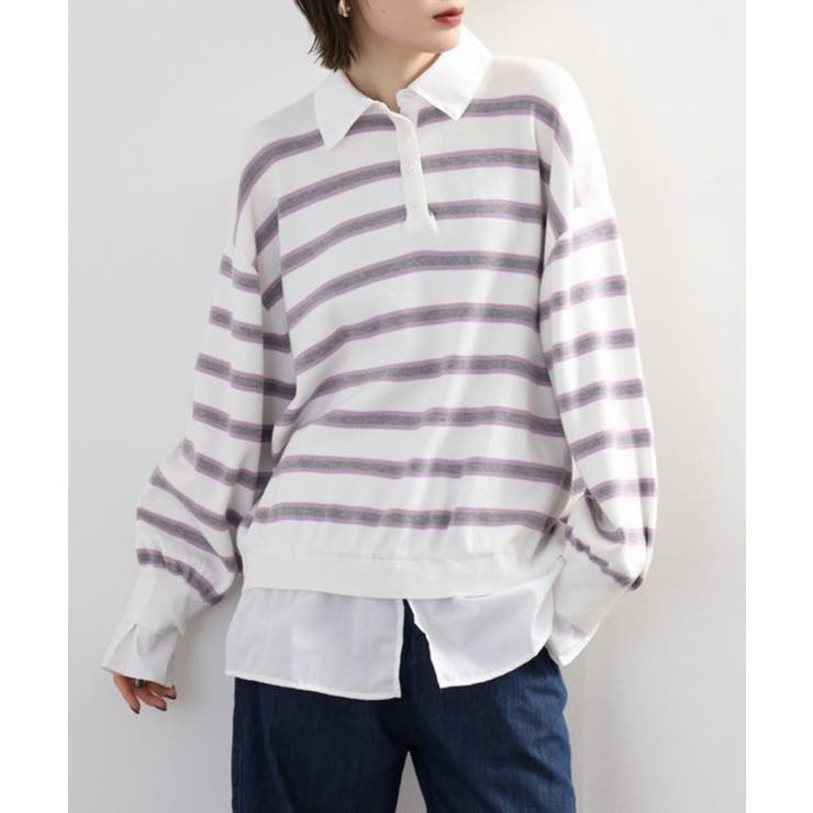 シャツドッキングレイヤード風ランダムボーダーニットプルオーバー | atONE | 詳細画像9 