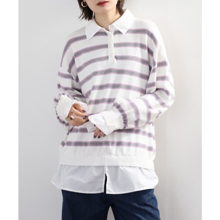 シャツドッキングレイヤード風ランダムボーダーニットプルオーバー | atONE | 詳細画像10 