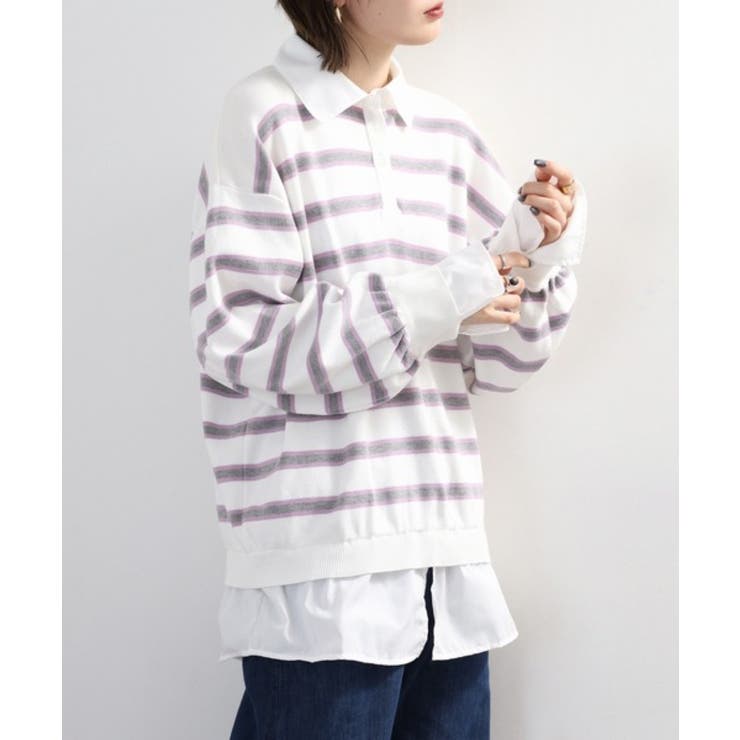 シャツドッキングレイヤード風ランダムボーダーニットプルオーバー | atONE | 詳細画像11 