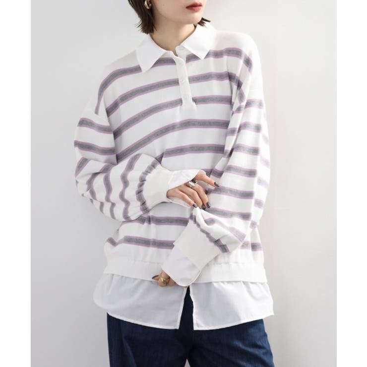 シャツドッキングレイヤード風ランダムボーダーニットプルオーバー | atONE | 詳細画像13 